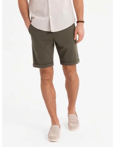 Pánské pletené kraťasy s ohrnutými nohavicemi - olivová V5 OM-SRCS-0170