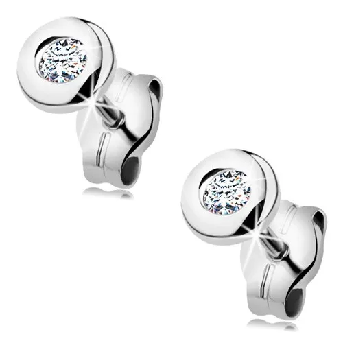 Náušnice z bílého 14K zlata - kulatý čirý zirkon v lesklé zaoblené objímce