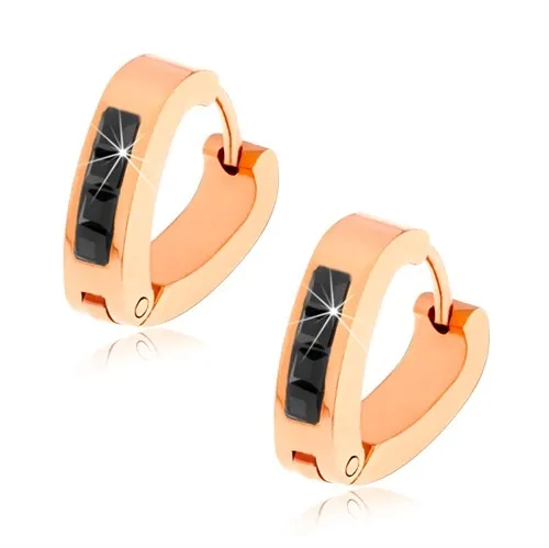 Ocelové náušnice měděné barvy, tvar "V", černé broušené kamínky