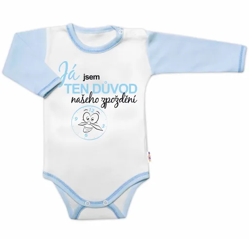 Baby Nellys Body dl. rukáv s vtip. textem , Já jsem TEN DŮVOD našeho zpoždění, vel. 80 kluk vel.  80 kluk