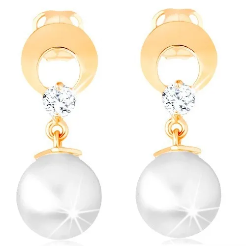 Zlaté náušnice 585 - kruh s výřezem a čirým diamantem, visící bílá perla