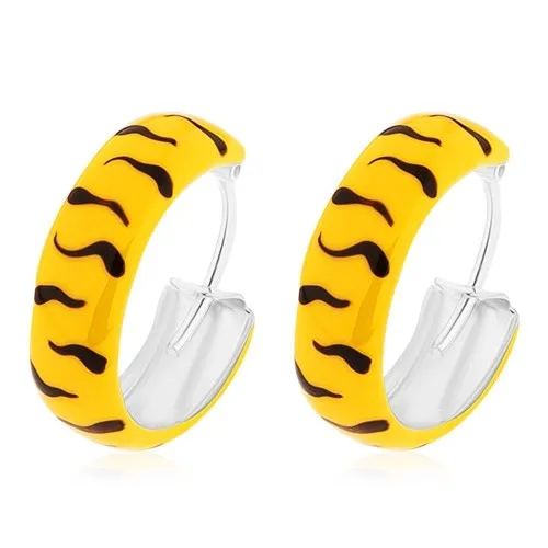 Stříbrné náušnice 925 - kroužky, glazura ve žluté barvě s černými vlnkami, 14 mm