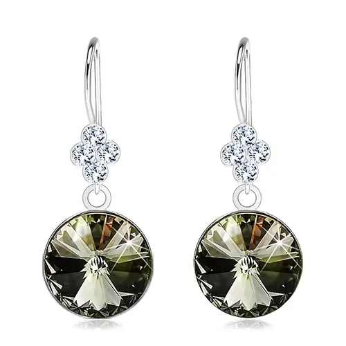 Náušnice, stříbro 925, zelený blýskavý křišťál Swarovski, čirý lístek, 11 mm
