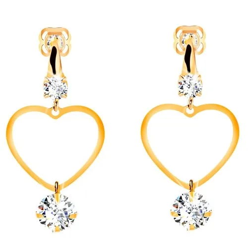 Zlaté 14K náušnice - tenký obrys souměrného srdce, visící čirý zirkon
