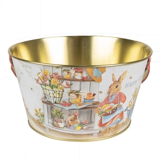 Plechový dekorativní velikonoční kyblík s králíčky Happy Easter - Ø 19*10 cm Clayre & Eef