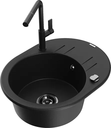 MEXEN/S Kevin granitový dřez 1-miska s odkapávačem včetně baterie Flora, černá 6517-77-670401-70-B