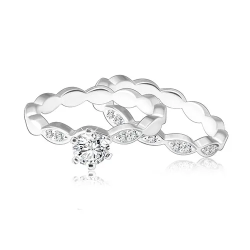 Dvojset stříbrných prstýnků 925 - pospojovaná zrnka ozdobená zirkony, blýskavý kulatý zirkon - Velikost: 49