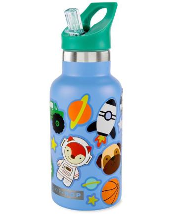 SKIP HOP Láhev s nálepkami se slámkovým náústkem nerezová modrá 380 ml, 4r+
