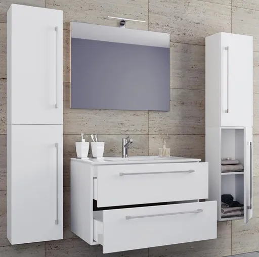 VCM 5dílná umyvadlová skříňka Badinos 2 zásuvky 60 cm se zrcadlem a 2 vysokými skříňkami, bílá