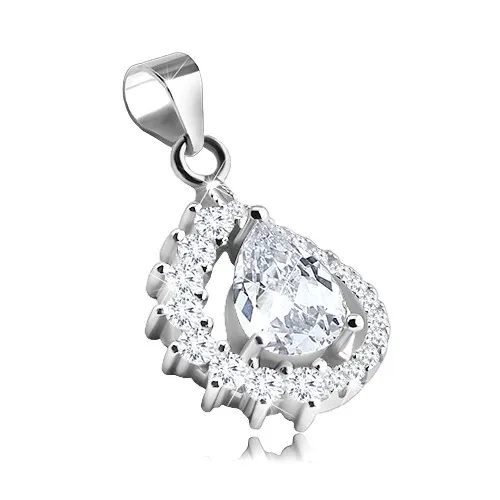 Přívěsek ze stříbra 925, asymetrická kontura kapky, čirý zirkon uprostřed
