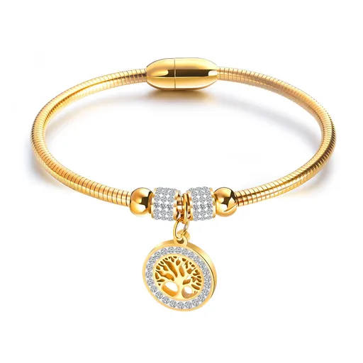Kulatý ocelový náramek - strom života, čiré zirkony, zlatá barva