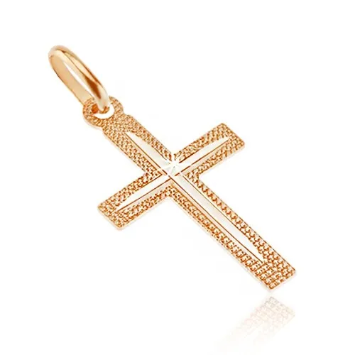 Přívěsek ze 14K zlata - kříž, vroubkovaný povrch s tenkým zářezem v cípech