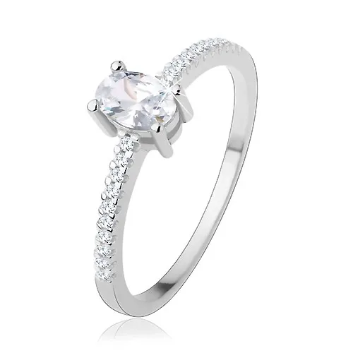 Zásnubní prsten ze stříbra 925, tenká ramena, čirý zirkon - ovál - Velikost: 57