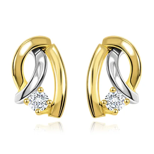 Dvoubarevné náušnice ve 14K zlatě - tři zahnuté linie, kulatý zářivý briliant
