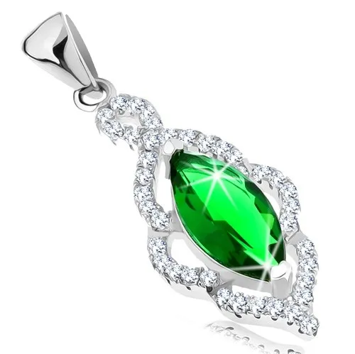 Přívěsek ze stříbra 925, zelené zirkonové zrno, třpytivý lístek ze zirkonů