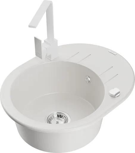 MEXEN/S Kevin granitový dřez s odkapávačem včetně baterie Rita, bílá 6517-20-670300-20