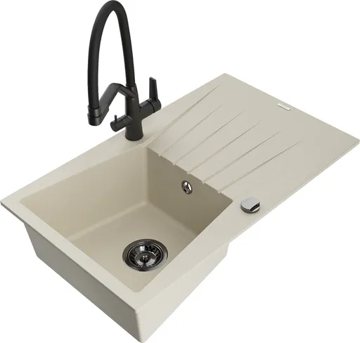 MEXEN/S Cesar granitový dřez 1-miska s odkapávačem včetně baterie Duo, béžová 6514-69-671701-70-B