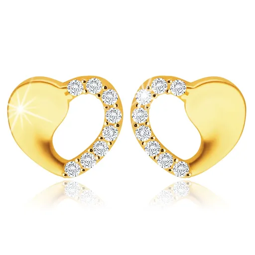 Náušnice ve žlutém zlatě 585 - symetrické srdíčko s výřezem, kulaté čiré zirkony