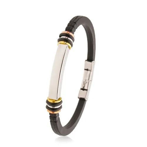 Náramek pryžový černý, ocelový hranol, trojbarevné kruhy, pryžová kolečka