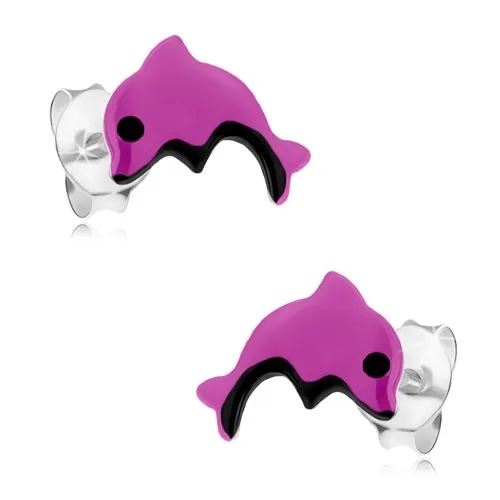 Stříbrné náušnice 925, malý fialový delfín, černé očko a bříško, glazura