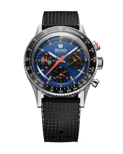 Nivada Grenchen Chronoking Mecaquartz Racing Blue - Inter. Bezel - Black Rubber Tropic