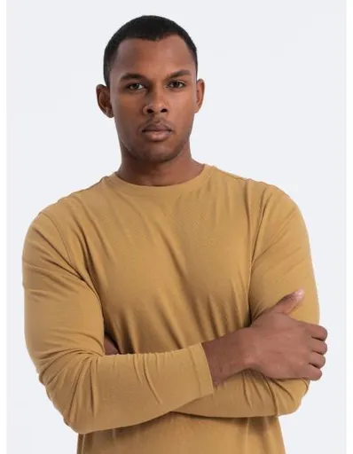 Pánské tričko s dlouhým rukávem bez potisku V10 OM-LSBL-0106 hořčicový