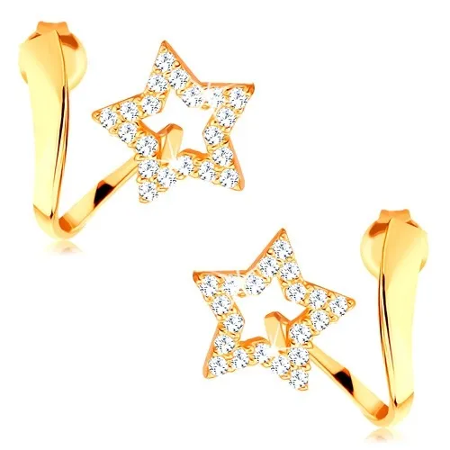 Náušnice ve žlutém 14K zlatě - zvlněná stuha s třpytivou konturou hvězdy