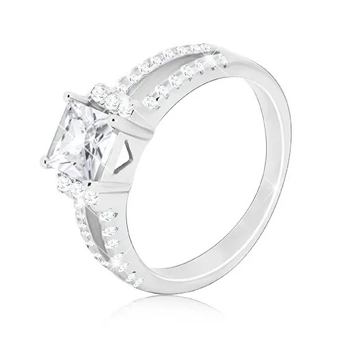 Stříbrný 925 prsten - třpytivý čtvercový zirkon, rozdvojené zirkonové linie - Velikost: 52