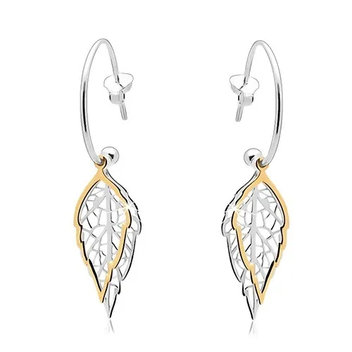 Stříbrné náušnice 925, neúplný kruh, dvoubarevné výřezávané listy