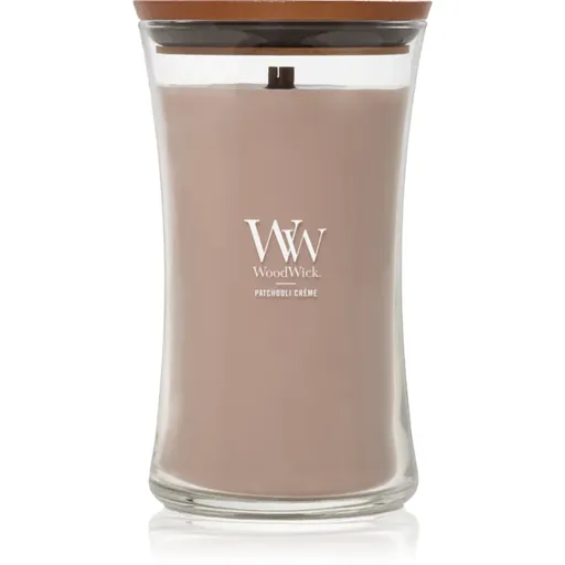 Woodwick Opulent Wood Patchouli Creme vonná svíčka s dřevěným knotem 609.5 g