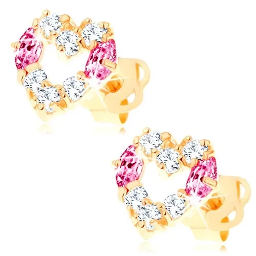 Náušnice ze žlutého 14K zlata - kontura srdce zdobená čirými a růžovými zirkony