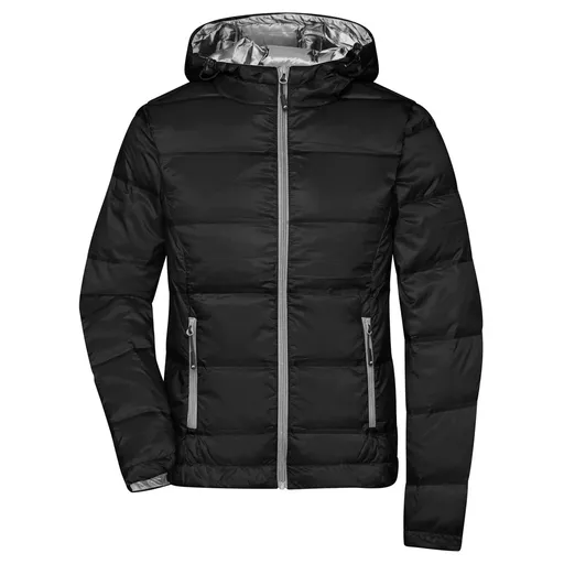 James & Nicholson (Daiber) Lehká dámská péřová bunda s kapucí JN1151 - Černá / stříbrná | XS