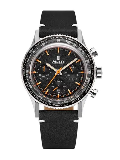 Nivada Grenchen Chronoking Mecaquartz - Inter. Bezel - Black Leather White Stitching