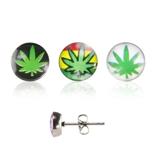 Ocelové náušnice, puzetka, čirá glazura, lístek marihuany s různým pozadím - Barva: Bílá