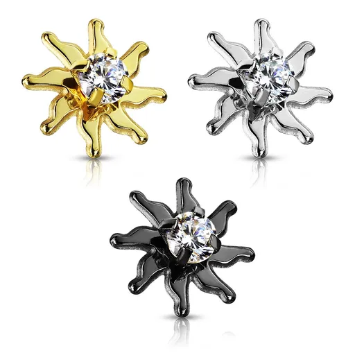 Ocelová hlavička do implantátu, tribal slunce, čirý zirkon, IP úprava, 1,6 mm - Barva: Černá