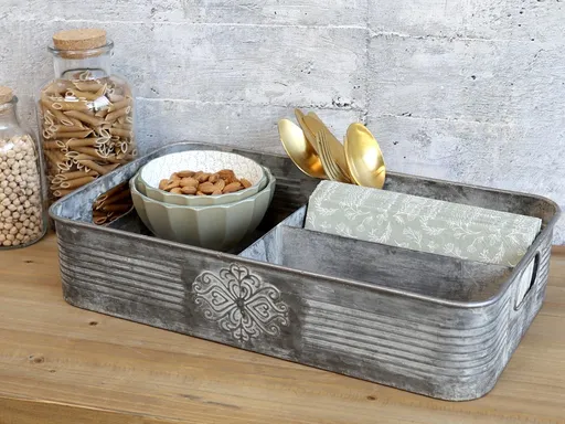 Dekorační plechový zinkový antik podnos s přihrádkami - 41*24*9cm Chic Antique