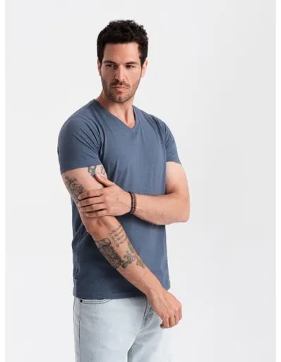 BASIC pánské klasické bavlněné tričko se serpentinovým výstřihem - modrý melír V18