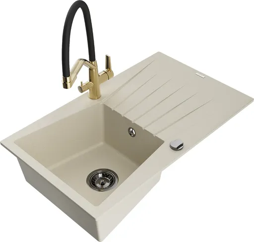 MEXEN/S Cesar granitový dřez s odkapávačem včetně baterie Duo, béžová 6514-69-671701-57-B