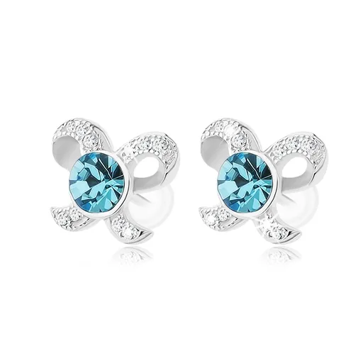Stříbrné náušnice 925, blyštivá mašlička, kulatý zirkon modré barvy