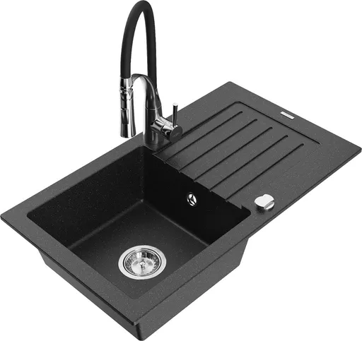 MEXEN/S Pablo granitový dřez 1 s odkapávačem včetně baterie Aster, černá/stříbrná metalik 6510-73-73450-07