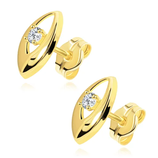 Náušnice ve žlutém 14K zlatě - lesklé zrnko s výřezem a čirým kulatým zirkonem