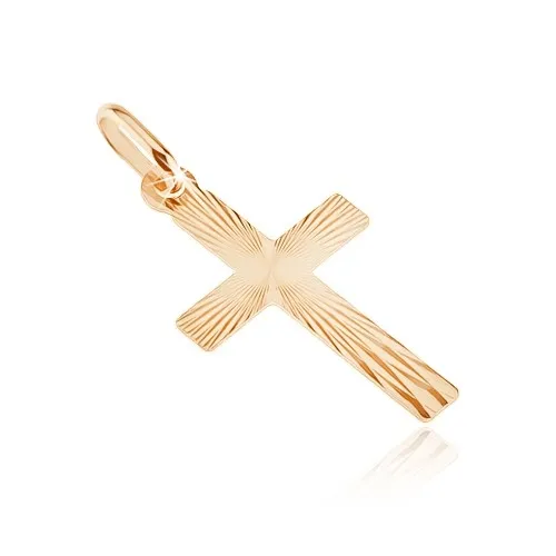 Zlatý plochý přívěsek 585 - kříž, lesklé pravidelné střepiny na povrchu