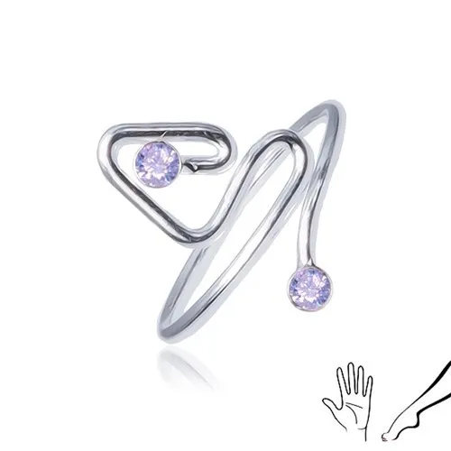 Prsten ze stříbra 925, zahnutá linie ukončená fialovým kamínkem