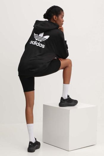 Mikina adidas Originals Trefoil Hoodie dámská, černá barva, s kapucí, s potiskem, IU2409