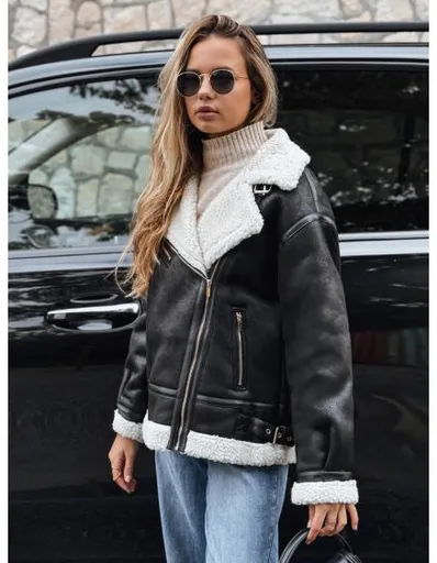 Dámská bunda typu ramoneska s kožešinou černá