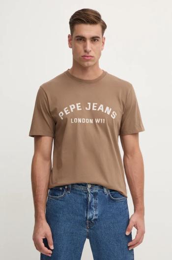 Bavlněné tričko Pepe Jeans ALDRIDGE hnědá barva, s potiskem, PM509628