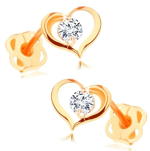 Zlaté náušnice 585 - lesklá kontura srdíčka s kulatým čirým zirkonem