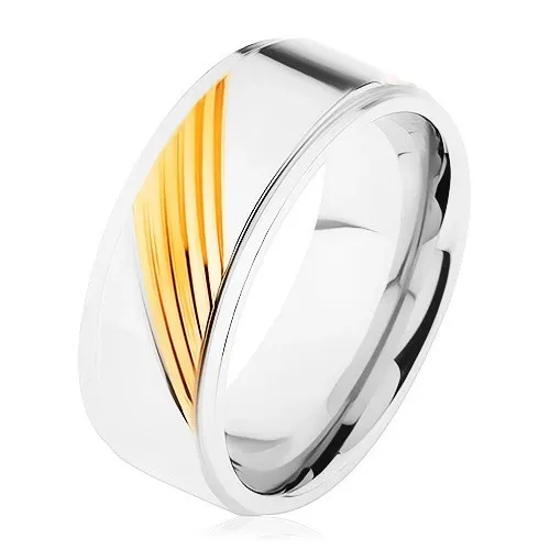 Dvoubarevný prsten z chirurgické oceli, šikmé gravírované proužky - Velikost: 70