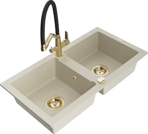 MEXEN/S Mario granitový dřez 2-bowly včetně baterie Duo, béžová 6504-69-671701-57-G