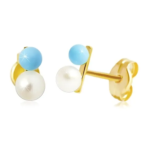 Puzetové náušnice ve žlutém 14K zlatě - světle modrá a bílá kulička